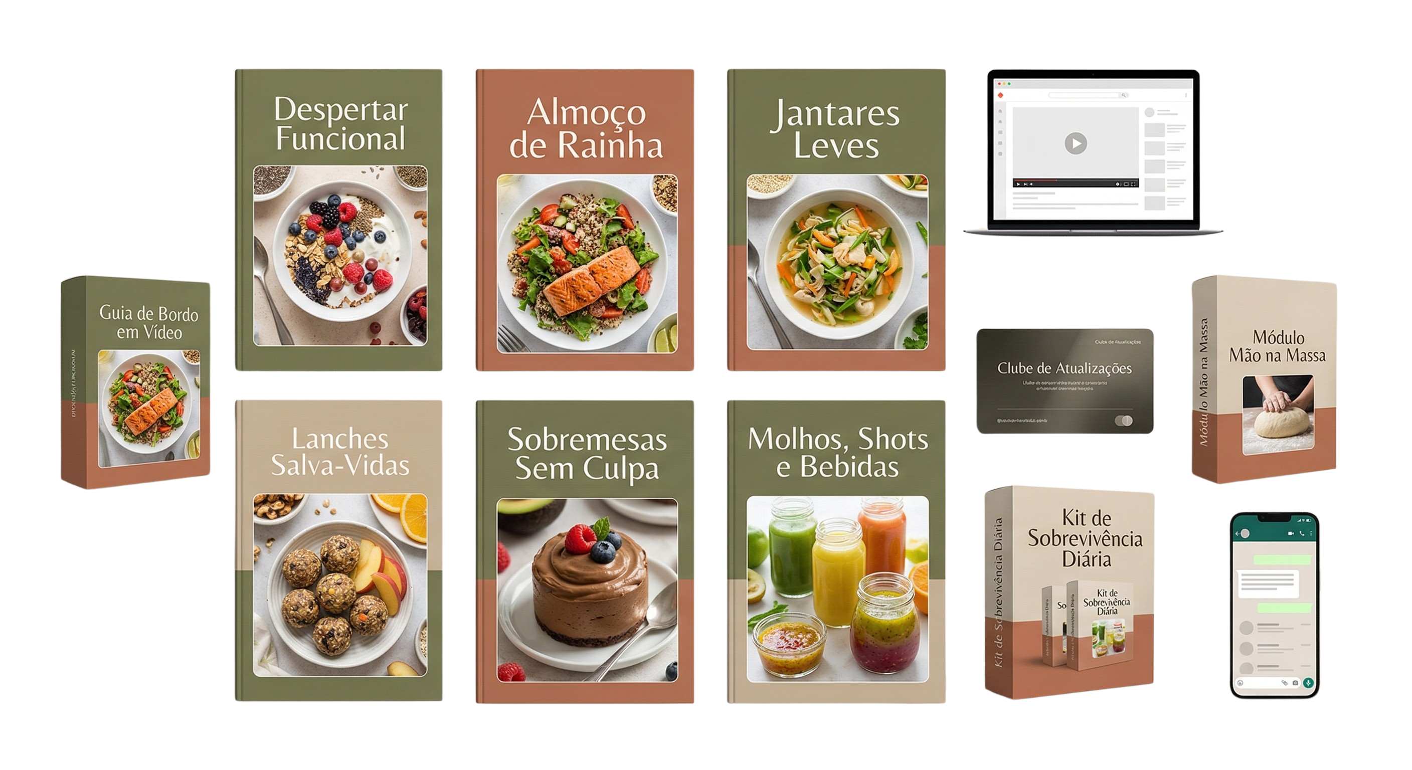 Acervo digital completo: capas dos guias de receitas, Guia de Bordo em vídeo, Módulo Mão na Massa, Clube de Atualizações, Kit de Sobrevivência Diária e comunidade no WhatsApp.