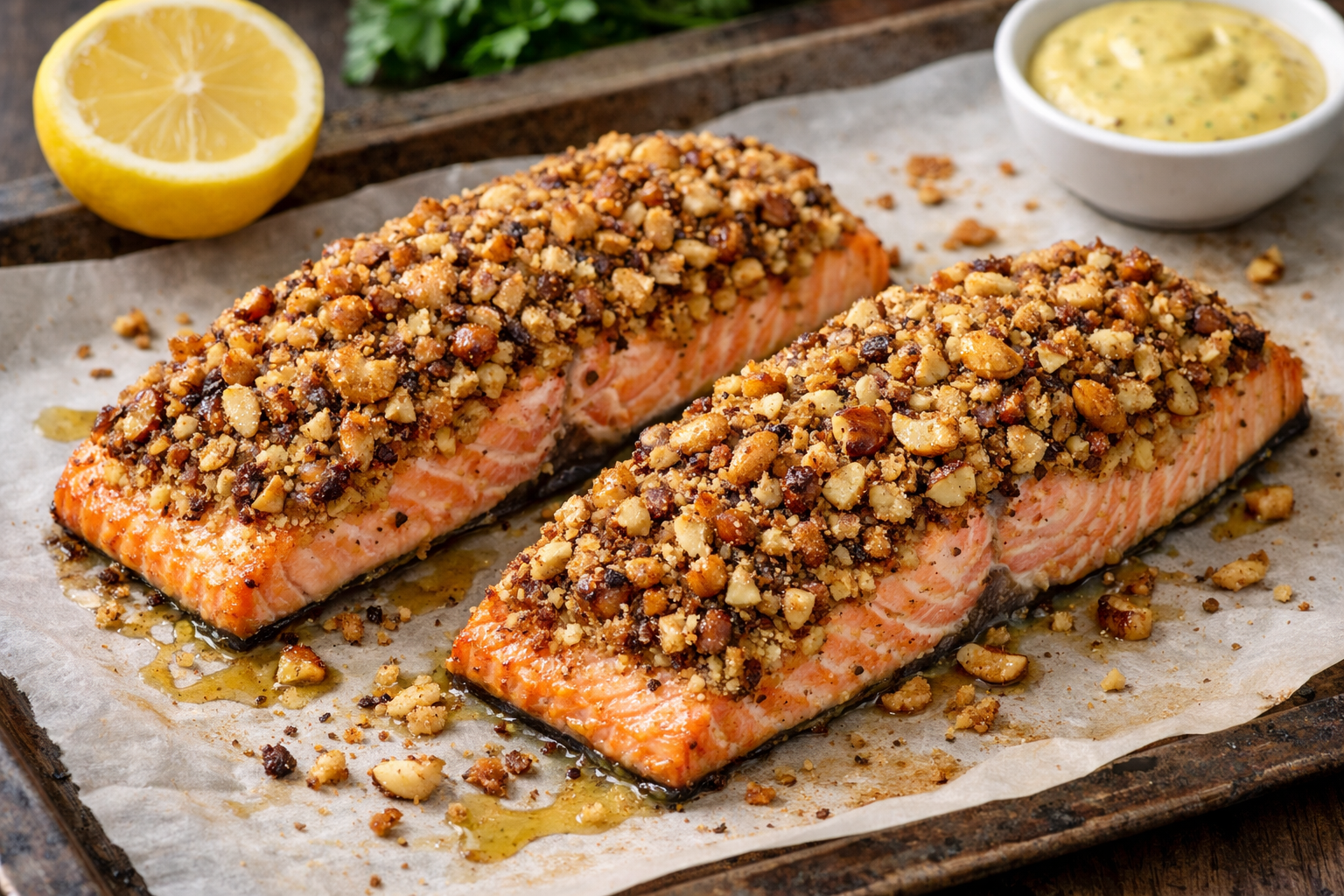 Salmão assado com crosta de castanhas
